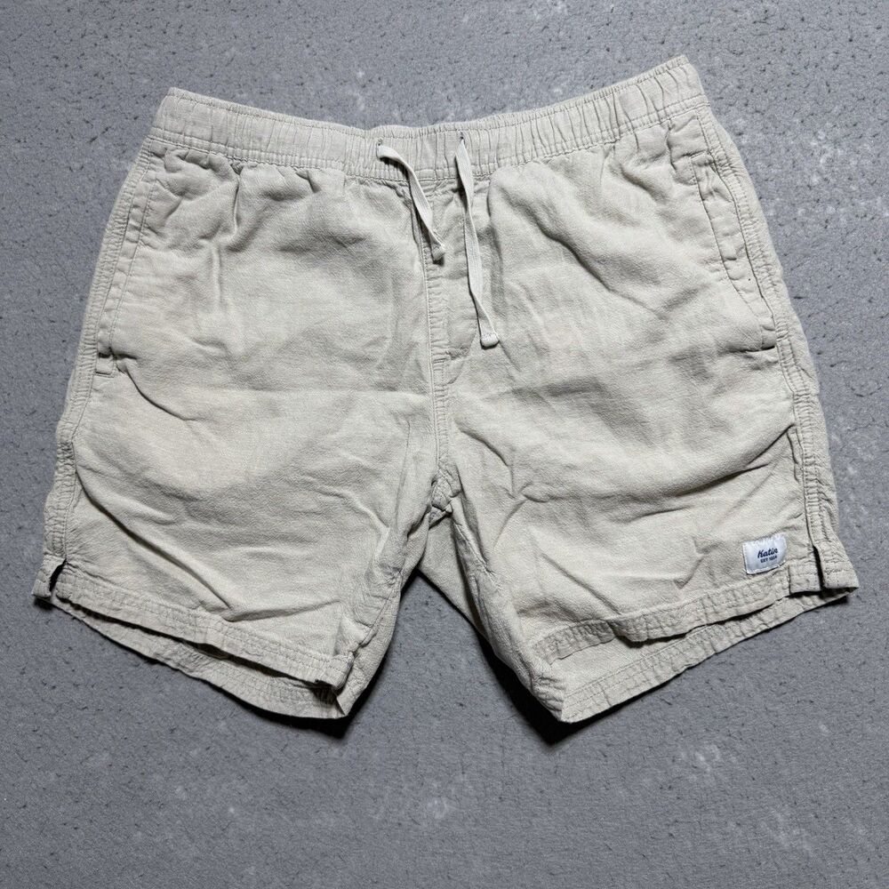 Katin Isaiah Local Shorts Men’s Medium Beige Cotton Linen Blend Drawstring Beach